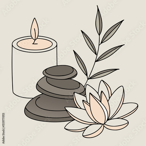 Calming spa scene with lit candle stacked stones lotus flower and bamboo leaves