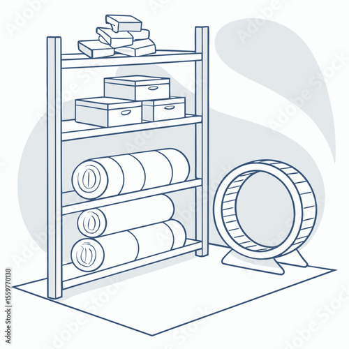 Illustration of a storage shelf with boxes and rolled items next to a pet wheel