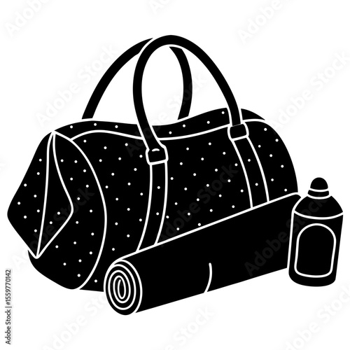 Black and white illustration of a gym bag with a yoga mat and water bottle