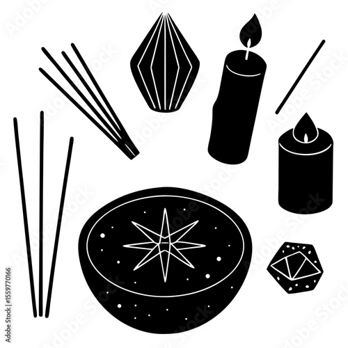 Collection of mystical and spiritual items including candles incense and crystals