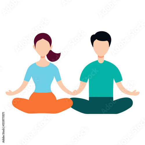 Couple meditating together in lotus pose holding hands for balance and harmony