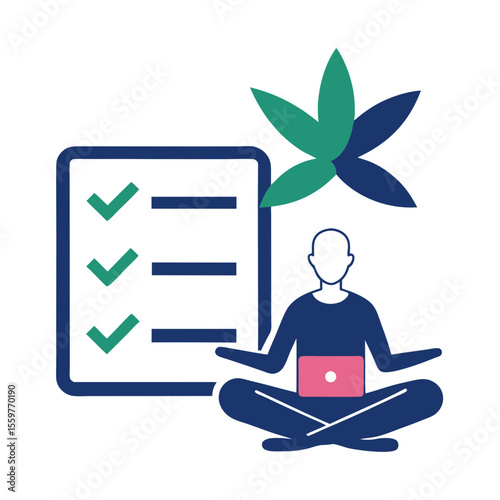 Person meditating with laptop and completed checklist next to plant leaves