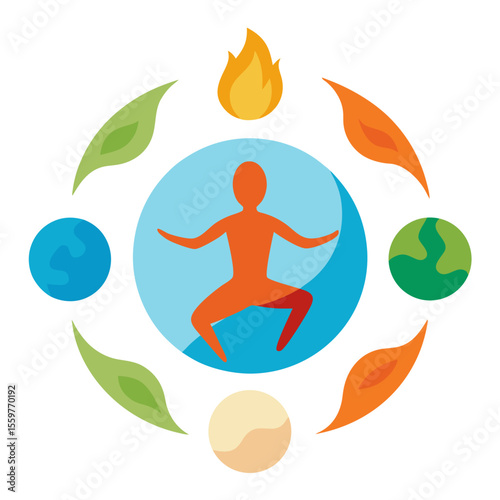 Person in meditative pose surrounded by elements of nature and fire