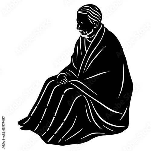Stylized black silhouette of a man sitting wrapped in a blanket