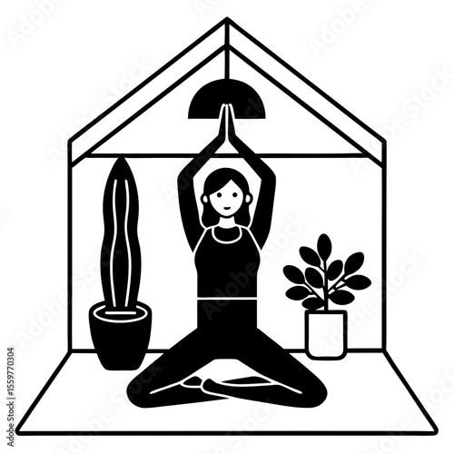 Woman practicing yoga in a greenhouse with potted plants and a lamp