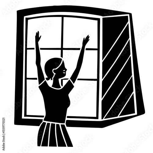 Woman stretching arms up in front of a window silhouette