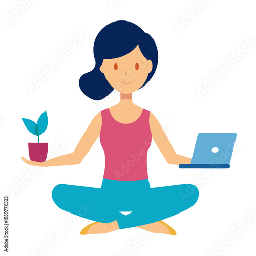Woman meditating with a laptop and a potted plant in a balanced pose