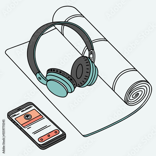 Headphones and smartphone resting on a rolled yoga mat for a virtual workout session