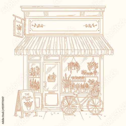 Vintage line drawing of flower shop facade with bicycle and hanging plants, quaint storefront for retail and garden themes