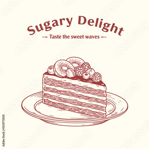 Vintage line drawing of layered cake slice with berries and fruit, dessert branding for bakery and sweet treats