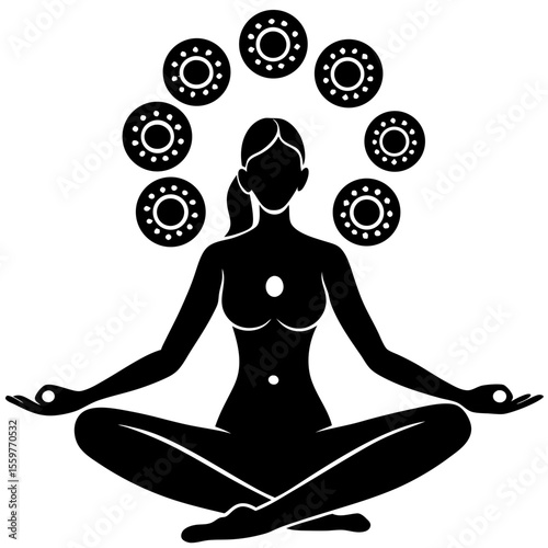 Woman meditating in lotus pose with chakras activated and energy wheels flowing