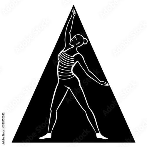 Stylized woman in yoga pose stretching arm upwards inside a black triangle