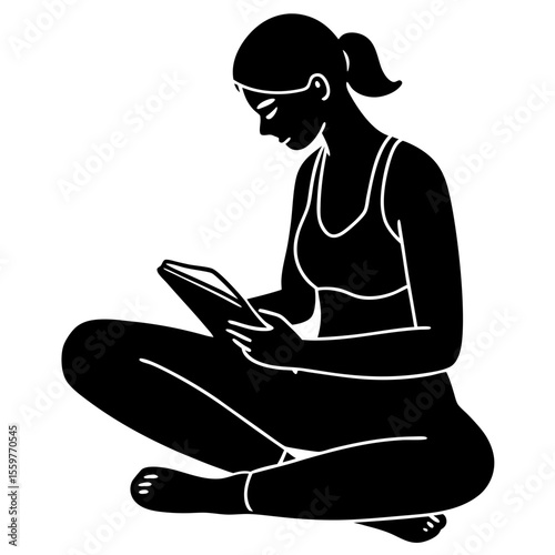 Stylized black silhouette of a woman sitting cross legged reading a book