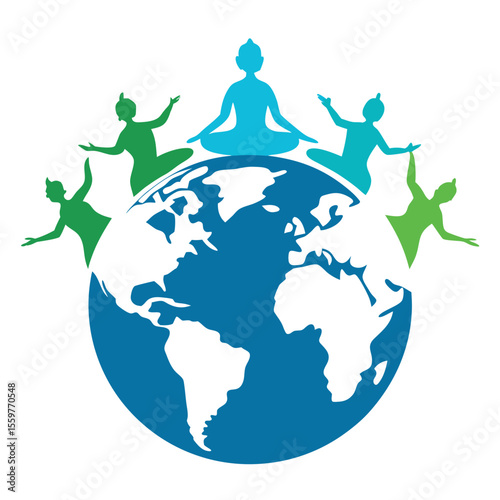 Diverse people practicing yoga and meditation around the globe for peace and wellness
