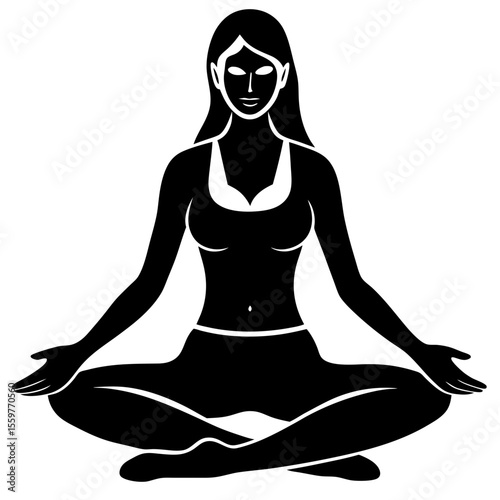 Stylized silhouette of a woman meditating in lotus pose with open palms