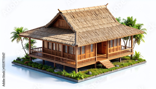 Isometric View Of A Traditional House With Thatched Roof