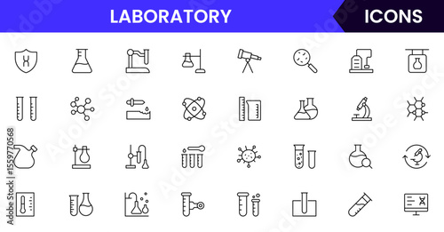 Laboratory vector web line icon collection, sleek illustrations of lab equipment, EV tech, and sustainable innovation for scientific projects.