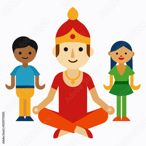 A man in traditional indian attire meditates with two children standing beside him