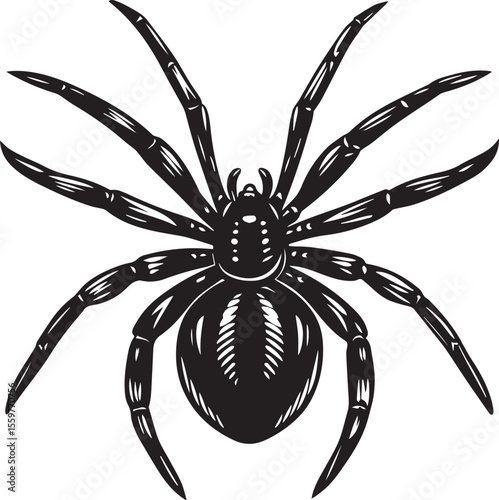 Black and white spider illustration, an isolated arachnid vector design for a scary Halloween symbol or dangerous tattoo art