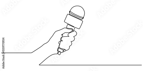 Continuous one line drawing of hand holding news microphone. Editable line, Journalist, reporter concept, This minimalist illustration represents a TV news reporter, capturing the essence of journalis