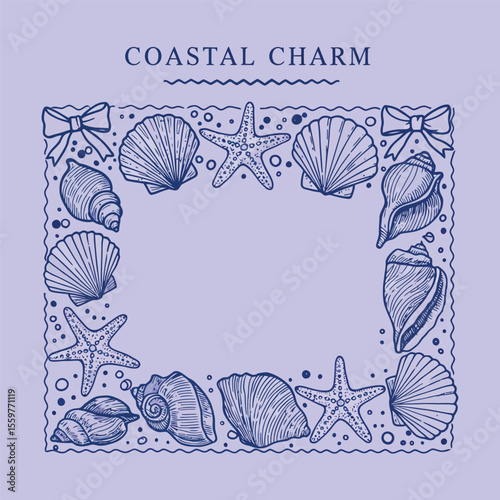 Hand-drawn seashell frame with starfish and ribbons, nautical line art for coastal design