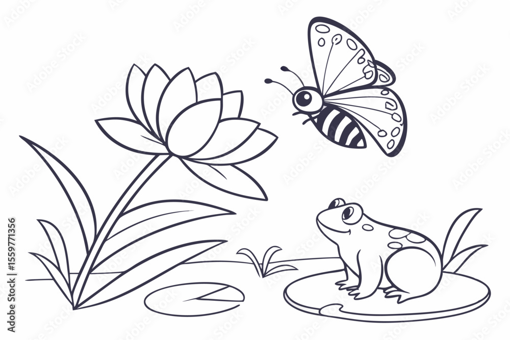 Obraz premium Little Nature Friends – Bee, Butterfly & Frog Line Drawing