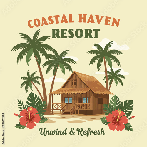 Hand-drawn tropical hut with palm trees and hibiscus flowers, vintage style for resort branding