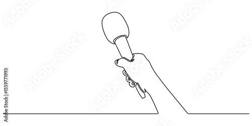 Continuous one line drawing of hand holding news microphone. Editable line, Journalist, reporter concept, This minimalist illustration represents a TV news reporter, capturing the essence of journalis