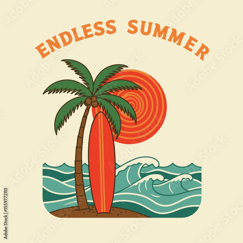 Vintage surfboard with palm tree and waves, retro style for summer design