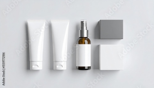 Minimalist mockup featuring skincare tubes, spray bottle, and boxes on gray surface