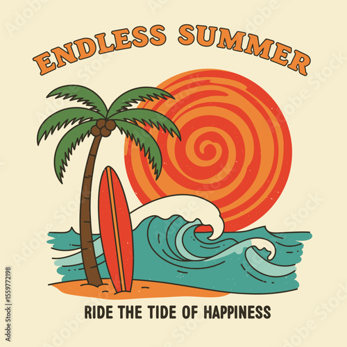 Hand-drawn surfboard with palm tree and waves, retro style for summer poster