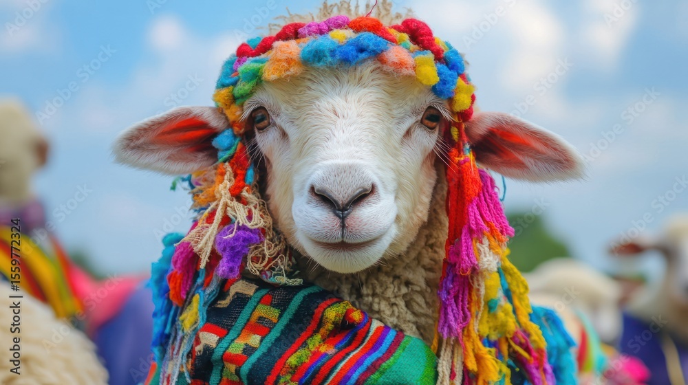 Obraz premium A sheep adorned with a vibrant colorful headdress and shawl.