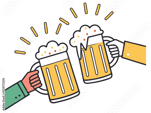 Beer mugs cheers hands colorful vector illustration on white background