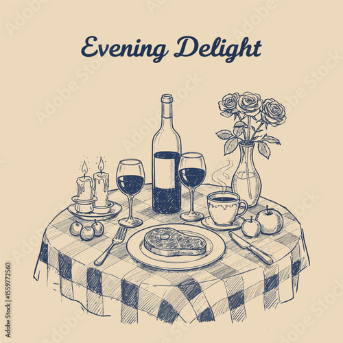 Hand-drawn romantic dinner table with wine, candle, and flowers for cozy evening design