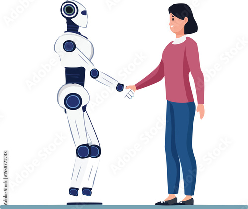 Modern flat vector illustration of a human and robot shaking hands, symbolizing collaborati