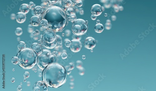Floating bubbles on serene blue background, minimalist composition highlighting delicate water droplets with clean aesthetic for branding or text space