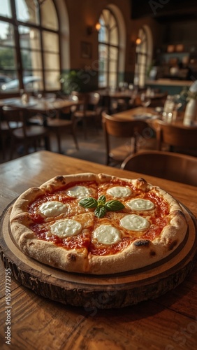 A classic Neapolitan pizza with charred crust, fresh tomato sauce, mozzarella, and basil leaves, served on a wooden board in a sunlit Italian pizzeria.