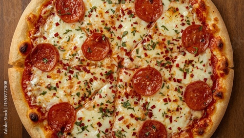 A top-down view of a pepperoni pizza fresh from the oven, gooey cheese stretching between slices, with red pepper flakes and oregano sprinkled on top.