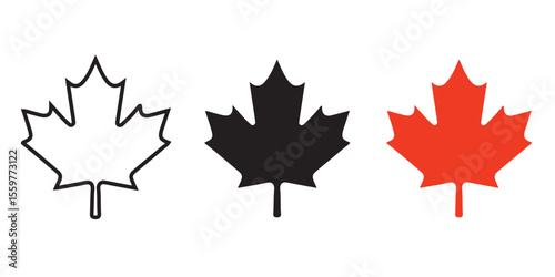 Maple leaf icon design with line art, silhouette and red color. Maple leaf symbol. Vector illustration.