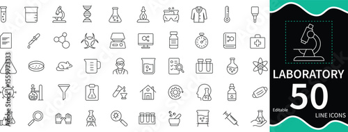 Minimal line icon set of laboratory elements. Includes test tube, microscope, flask, research, technician, biology, and chemical tools. Perfect for science, medical, and experiment projects. Editable 