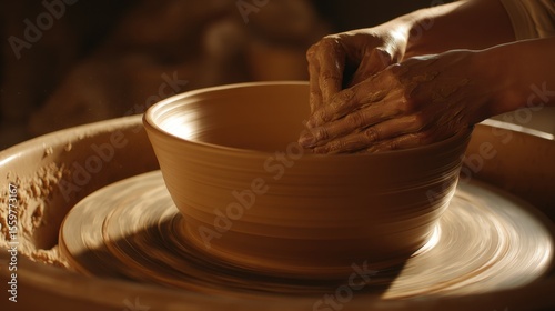 Hands Shaping Clay on Pottery Wheel in Warm Studio Light