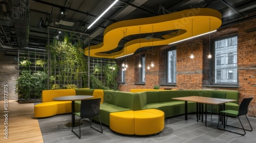 Modern Office Lounge Area with Bright Green and Yellow Seating and Industrial Style Design