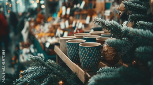 Decorative Ceramic Cups on Wooden Shelf Amid Green Pine Branches in Holiday Market