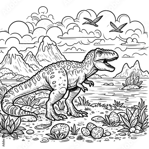 Dinosaur in Prehistoric Landscape Vector Line Art