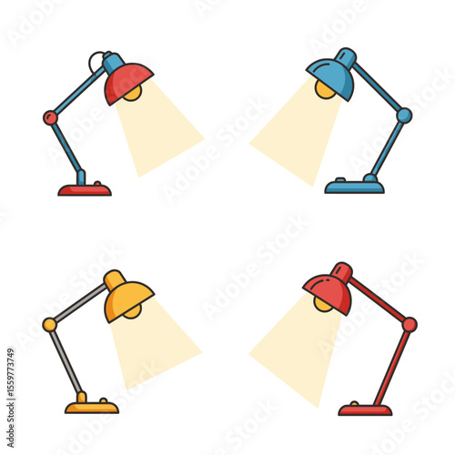 Desk lamp icon set in flat style. Spotlight vector illustration. Light bulb sign business concept. 