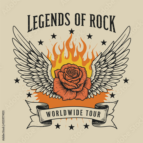 Vintage rock emblem with flaming rose and wings, retro style for music design