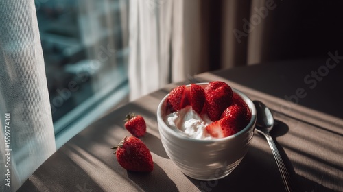 Delicious ripe strawberries with fresh yogurt in white bowl next to a spoon presented beautifully for breakfast, enjoying sweet treat with sun light.