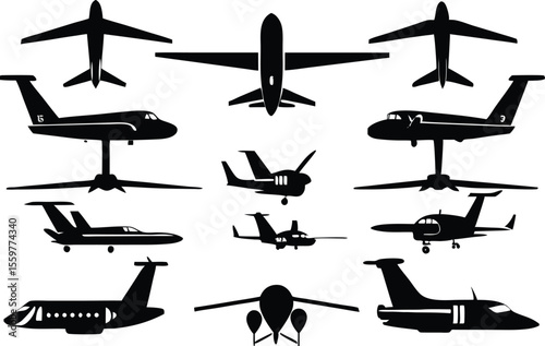 set of silhouettes of airplane icons