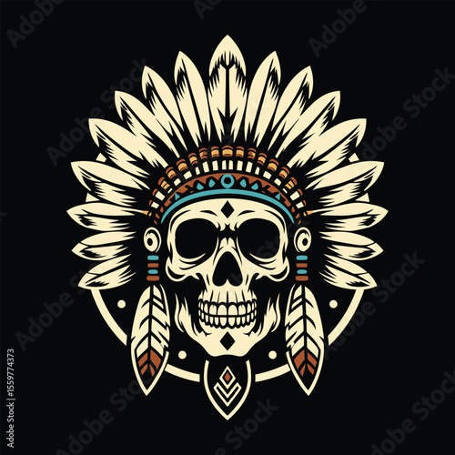 Native American Tribal Skull with Feather Headdress Vector