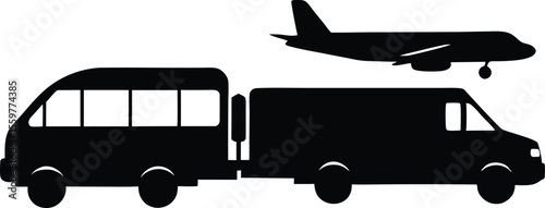 Silhouette of a Van with Trailer and Airplane in the Sky